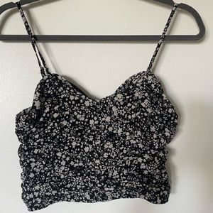 Black and White Floral Pattern Ruched Tank Top